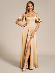 Unique Short Sleeves Off-The-Shoulder A-Line Satin Bridesmaid Dress with Slit