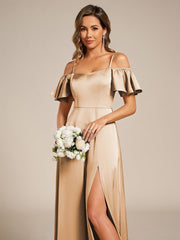 Unique Short Sleeves Off-The-Shoulder A-Line Satin Bridesmaid Dress with Slit