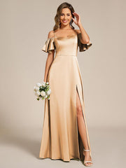 Unique Short Sleeves Off-The-Shoulder A-Line Satin Bridesmaid Dress with Slit