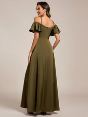 Unique Short Sleeves Off-The-Shoulder A-Line Satin Bridesmaid Dress with Slit