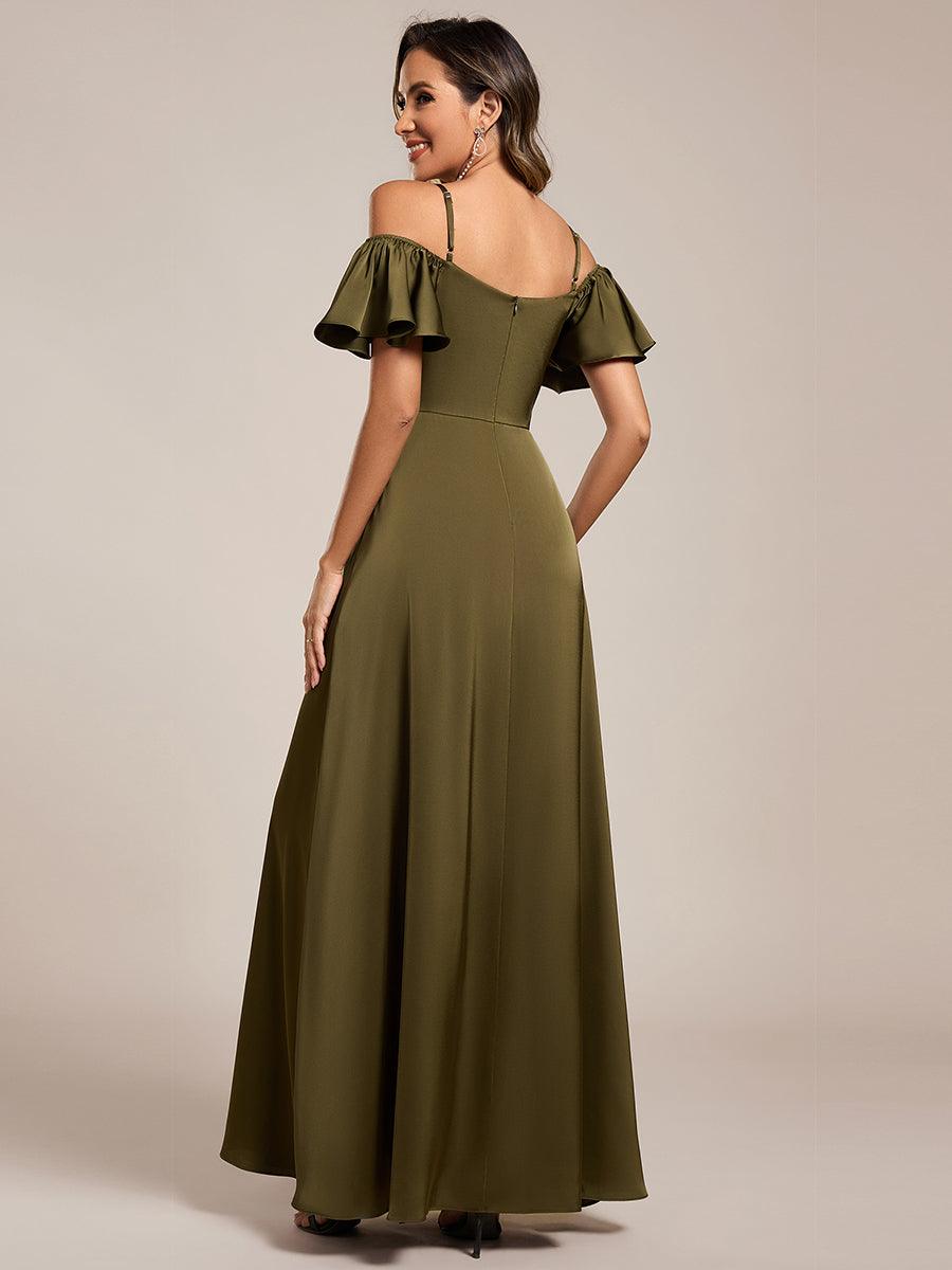 Unique Short Sleeves Off-The-Shoulder A-Line Satin Bridesmaid Dress with Slit