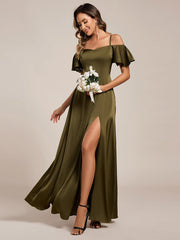Unique Short Sleeves Off-The-Shoulder A-Line Satin Bridesmaid Dress with Slit