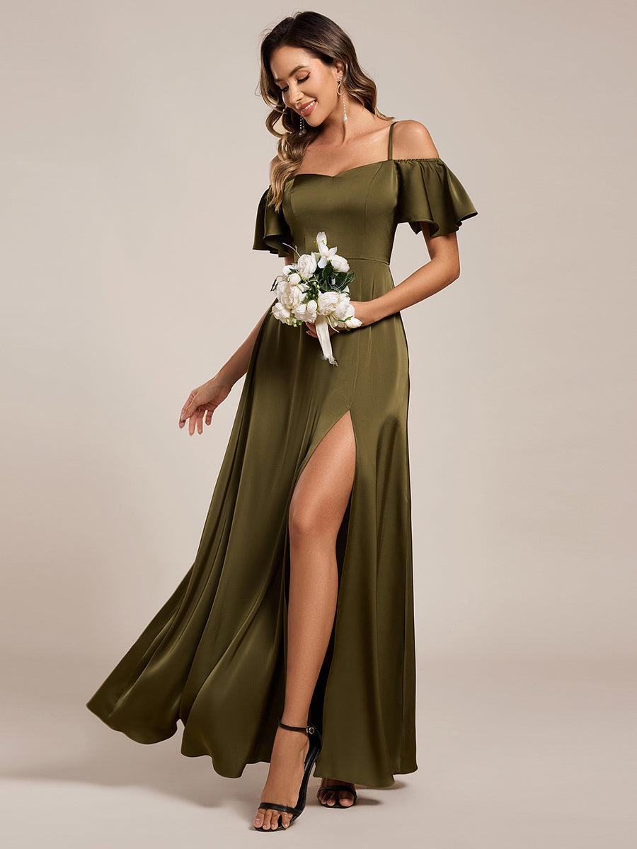 Unique Short Sleeves Off-The-Shoulder A-Line Satin Bridesmaid Dress with Slit