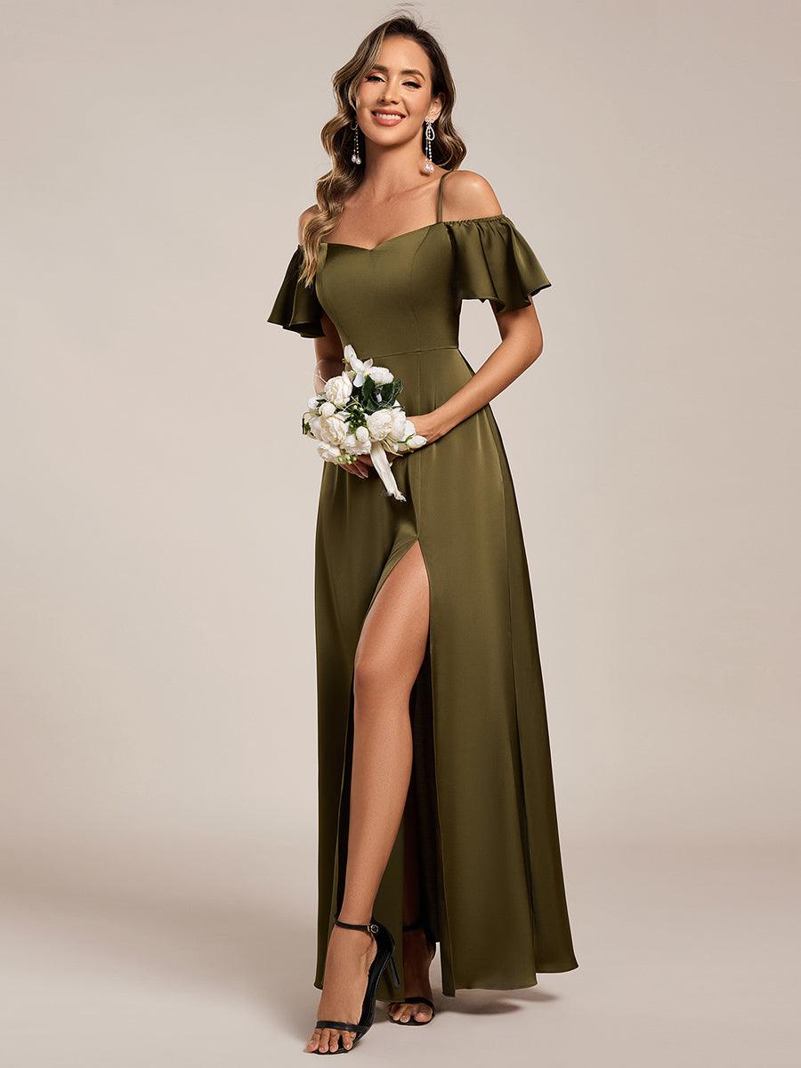 Unique Short Sleeves Off-The-Shoulder A-Line Satin Bridesmaid Dress with Slit