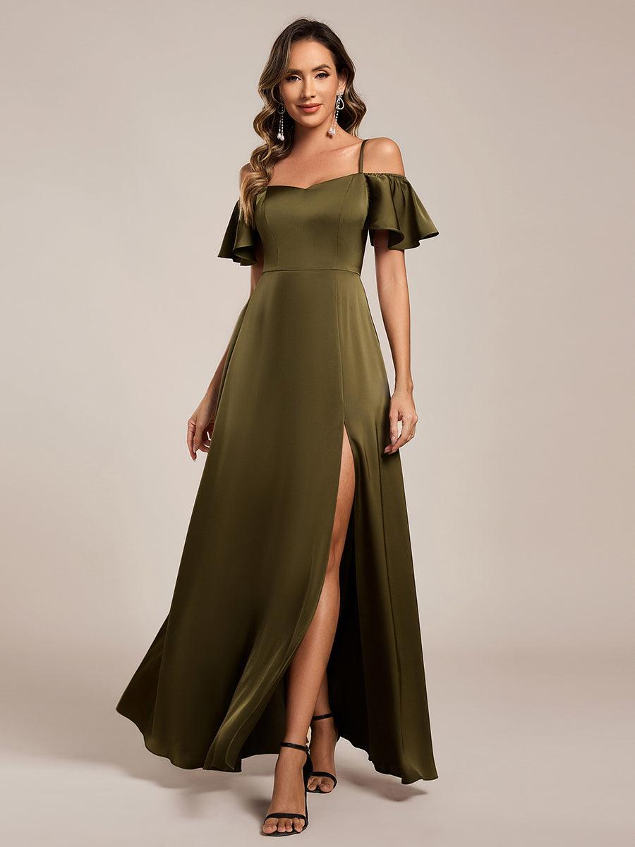 Unique Short Sleeves Off-The-Shoulder A-Line Satin Bridesmaid Dress with Slit