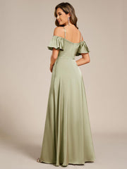 Unique Short Sleeves Off-The-Shoulder A-Line Satin Bridesmaid Dress with Slit