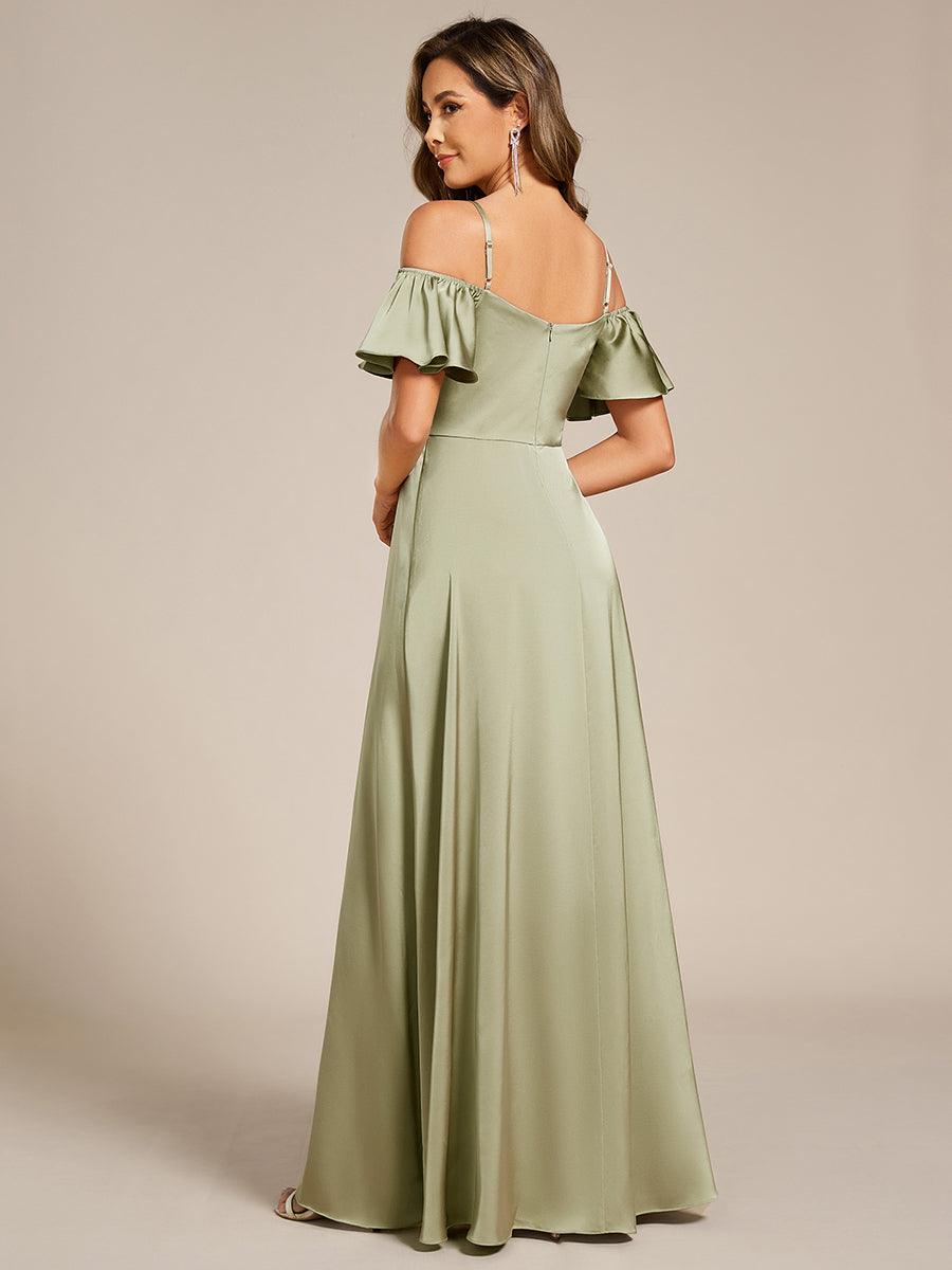 Unique Short Sleeves Off-The-Shoulder A-Line Satin Bridesmaid Dress with Slit