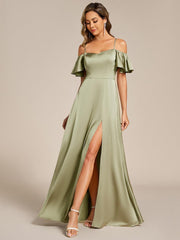 Unique Short Sleeves Off-The-Shoulder A-Line Satin Bridesmaid Dress with Slit