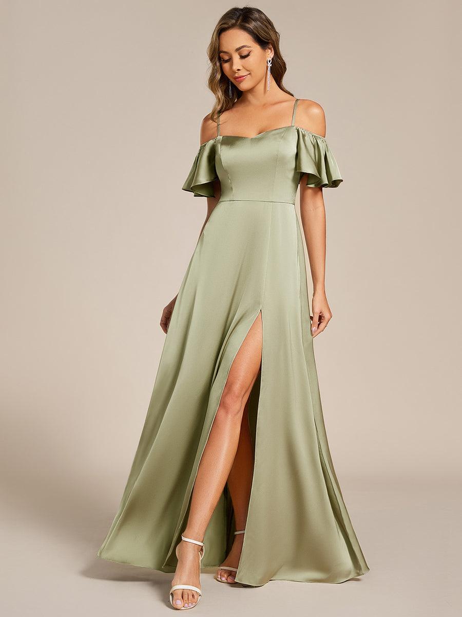 Unique Short Sleeves Off-The-Shoulder A-Line Satin Bridesmaid Dress with Slit