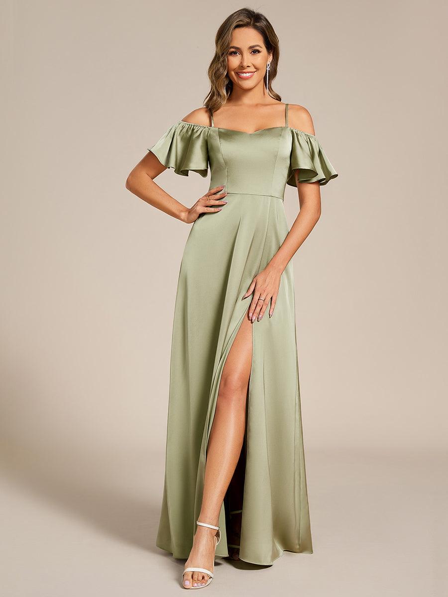 Unique Short Sleeves Off-The-Shoulder A-Line Satin Bridesmaid Dress with Slit