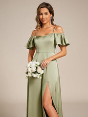 Unique Short Sleeves Off-The-Shoulder A-Line Satin Bridesmaid Dress with Slit