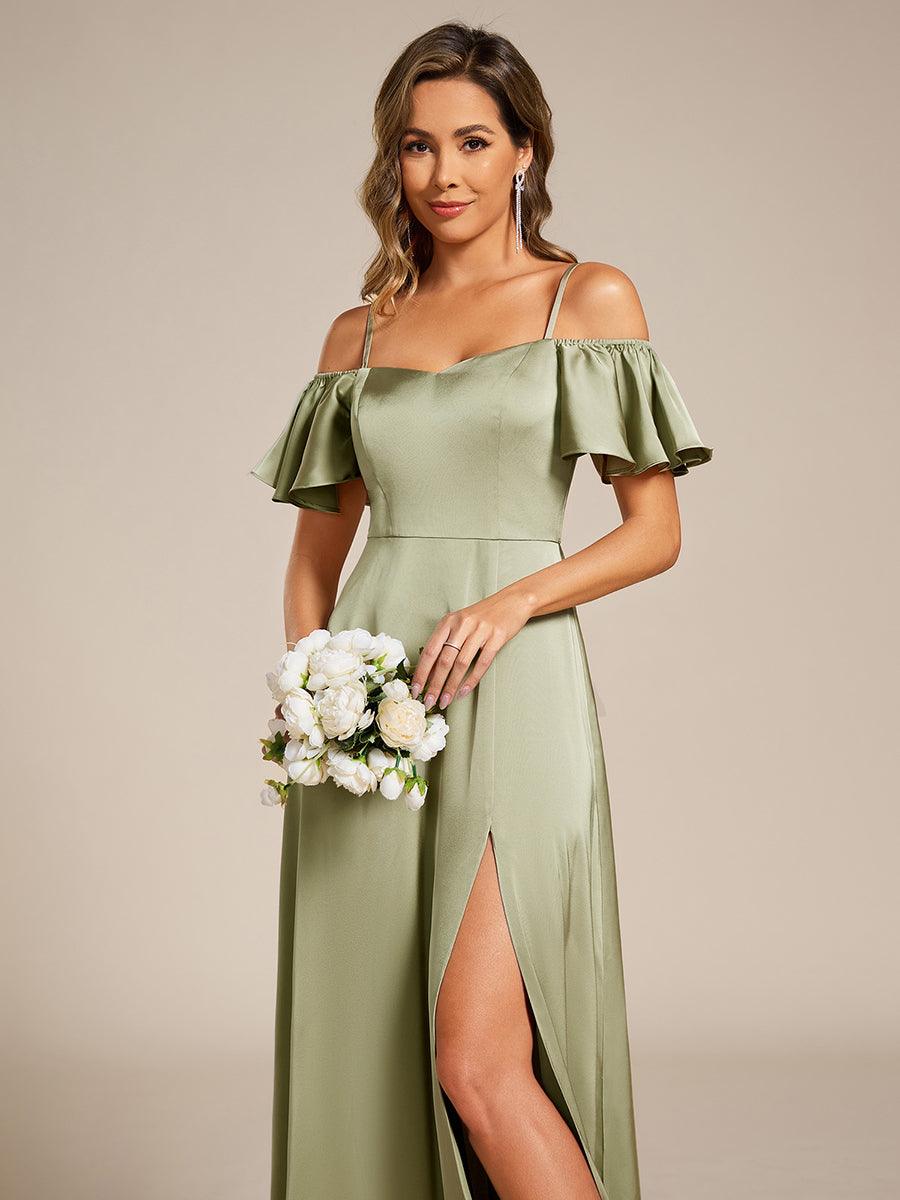 Unique Short Sleeves Off-The-Shoulder A-Line Satin Bridesmaid Dress with Slit