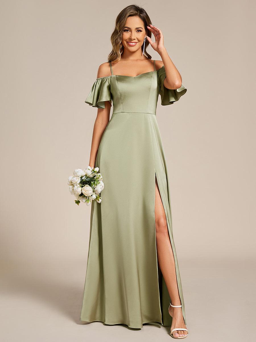 Unique Short Sleeves Off-The-Shoulder A-Line Satin Bridesmaid Dress with Slit