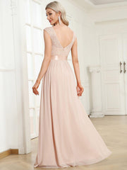 Classic Sleeveless A-Line Lace Bodice Bridesmaid Dress with Open Back