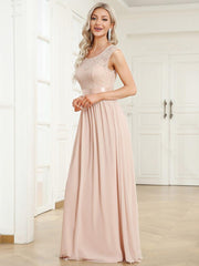 Classic Sleeveless A-Line Lace Bodice Bridesmaid Dress with Open Back
