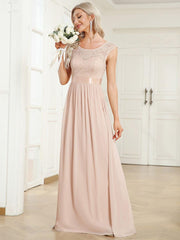 Classic Sleeveless A-Line Lace Bodice Bridesmaid Dress with Open Back