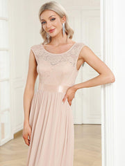 Classic Sleeveless A-Line Lace Bodice Bridesmaid Dress with Open Back