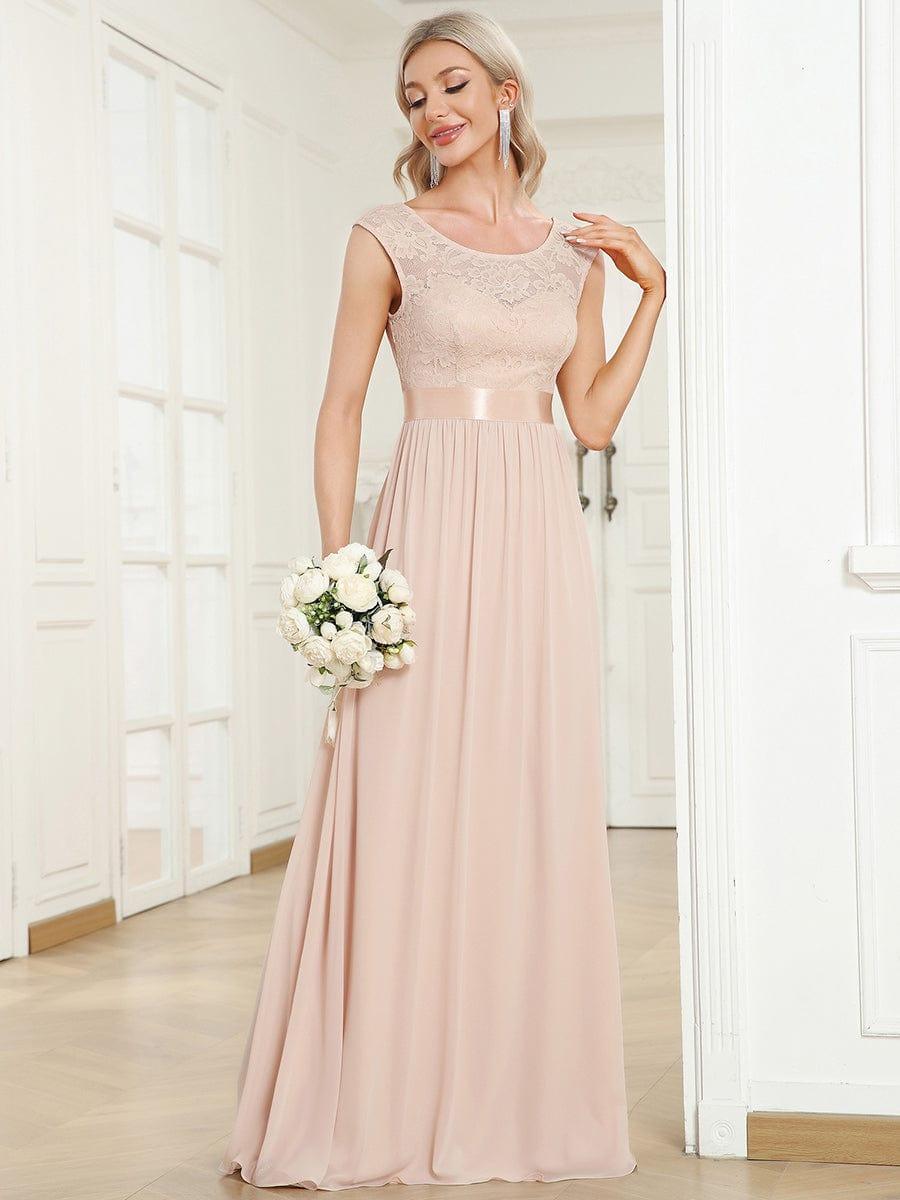 Classic Sleeveless A-Line Lace Bodice Bridesmaid Dress with Open Back