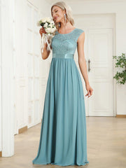 Vintage Round Neck A-Line Lace Bridesmaid Dress with Open Back