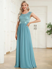 Vintage Round Neck A-Line Lace Bridesmaid Dress with Open Back