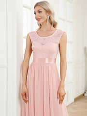 Classic Sleeveless A-Line Lace Bodice Bridesmaid Dress with Open Back