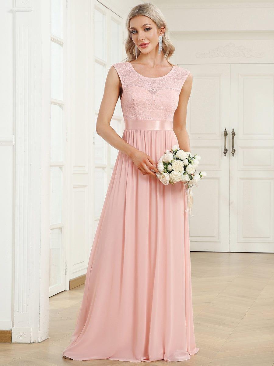 Classic Sleeveless A-Line Lace Bodice Bridesmaid Dress with Open Back