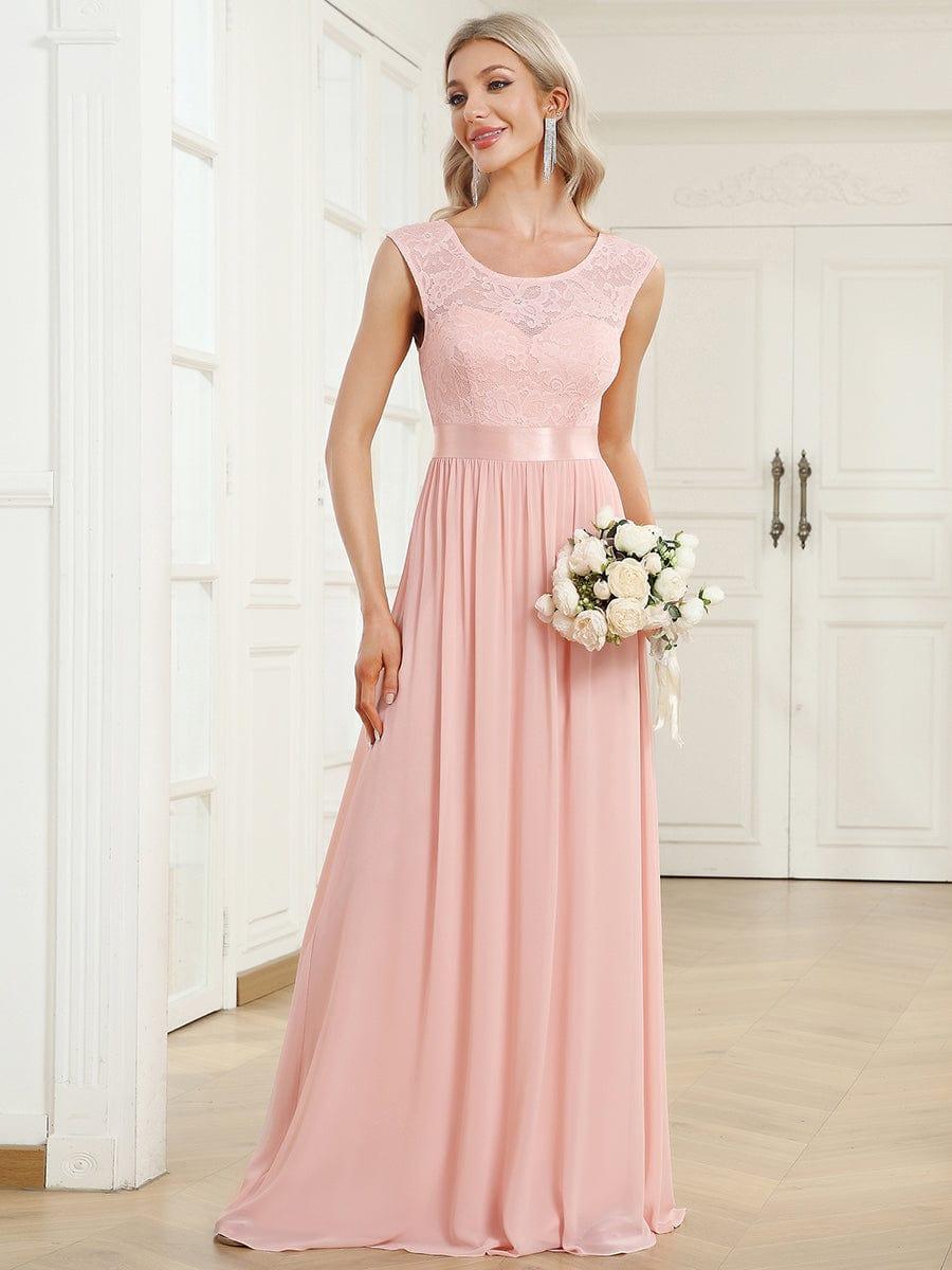 Classic Sleeveless A-Line Lace Bodice Bridesmaid Dress with Open Back