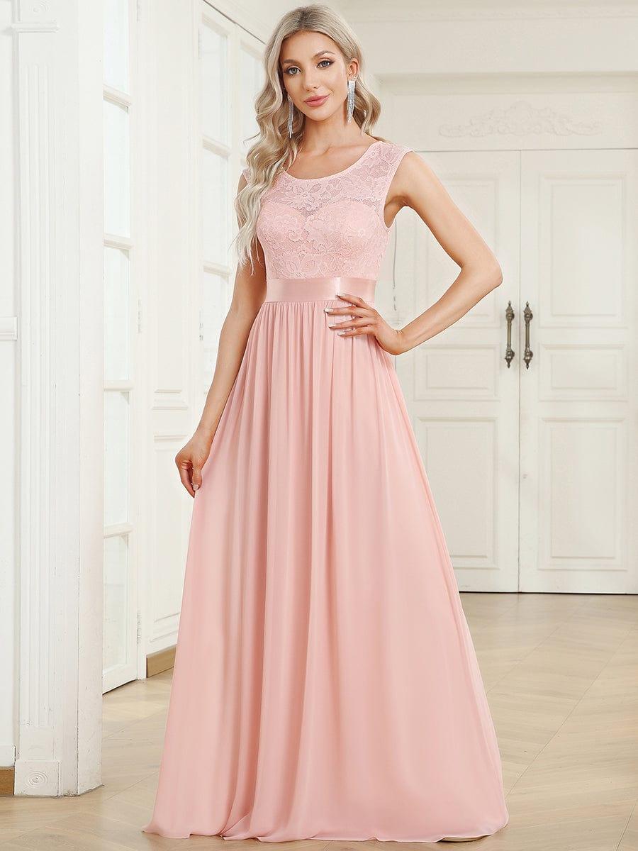 Classic Sleeveless A-Line Lace Bodice Bridesmaid Dress with Open Back