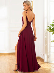 Enchanting V-Neck A-Line High Slit Bridesmaid Dress with Spaghetti Straps