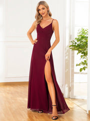 Enchanting V-Neck A-Line High Slit Bridesmaid Dress with Spaghetti Straps