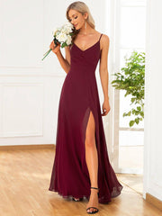 Enchanting V-Neck A-Line High Slit Bridesmaid Dress with Spaghetti Straps
