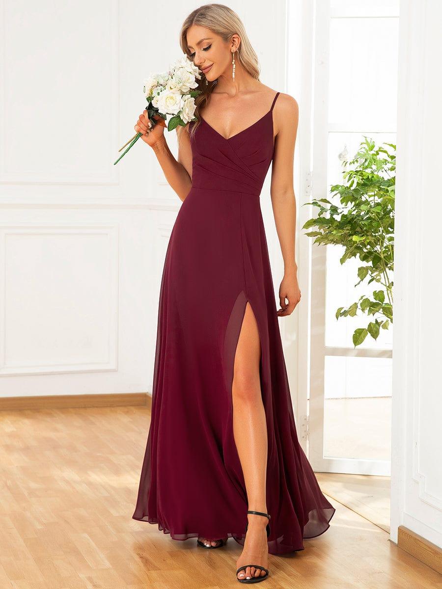 Enchanting V-Neck A-Line High Slit Bridesmaid Dress with Spaghetti Straps