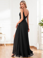Enchanting V-Neck A-Line High Slit Bridesmaid Dress with Spaghetti Straps