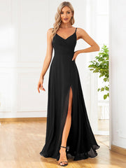 Enchanting V-Neck A-Line High Slit Bridesmaid Dress with Spaghetti Straps