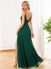 Enchanting V-Neck A-Line High Slit Bridesmaid Dress with Spaghetti Straps