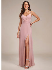 Enchanting V-Neck A-Line High Slit Bridesmaid Dress with Spaghetti Straps