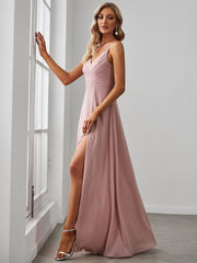 Enchanting V-Neck A-Line High Slit Bridesmaid Dress with Spaghetti Straps