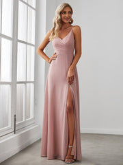 Enchanting V-Neck A-Line High Slit Bridesmaid Dress with Spaghetti Straps