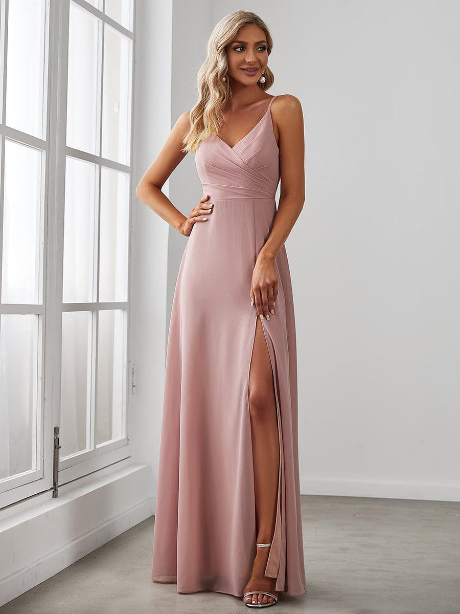 Enchanting V-Neck A-Line High Slit Bridesmaid Dress with Spaghetti Straps