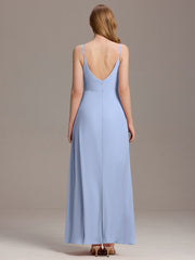 Enchanting V-Neck A-Line High Slit Bridesmaid Dress with Spaghetti Straps
