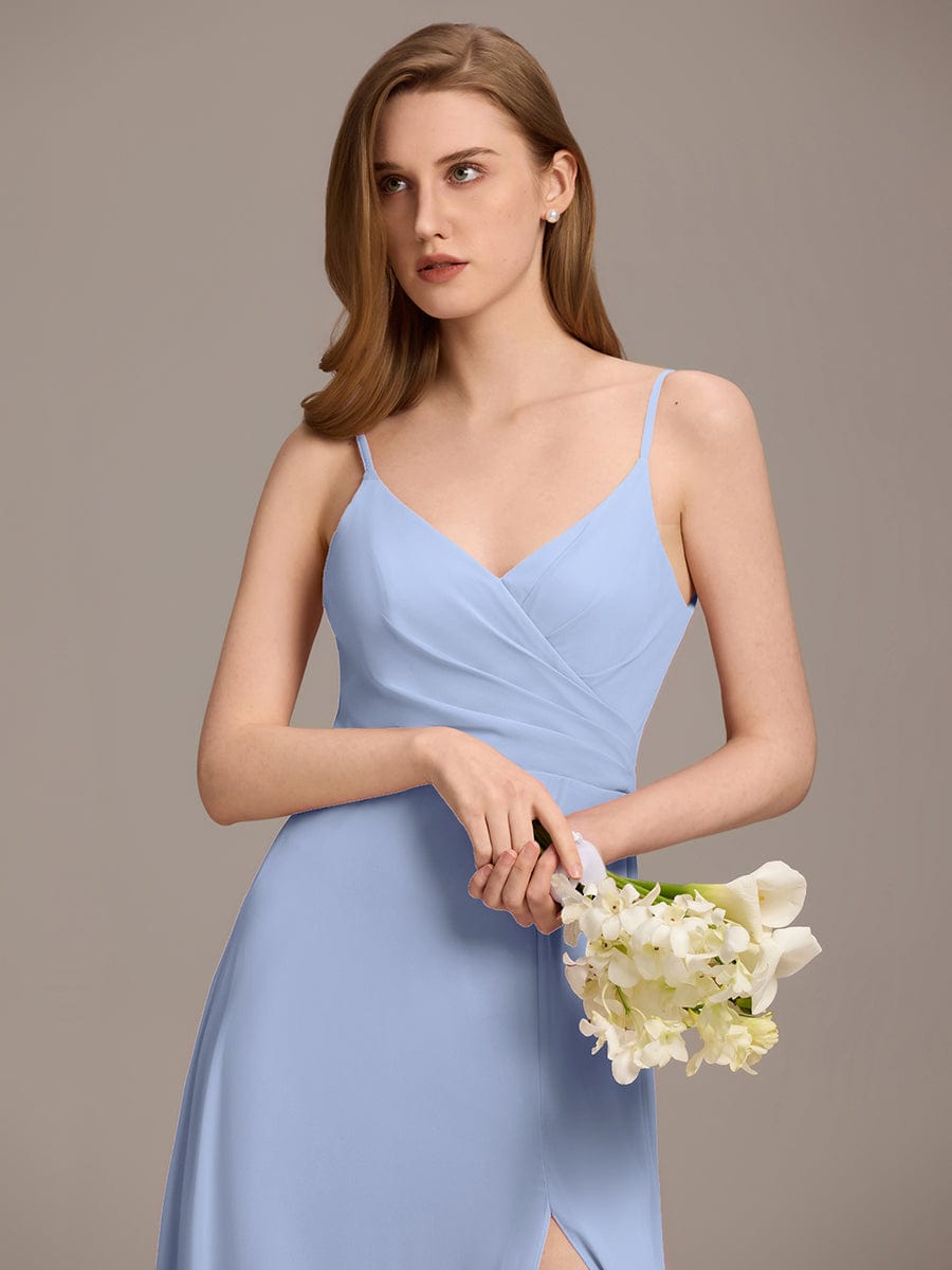 Enchanting V-Neck A-Line High Slit Bridesmaid Dress with Spaghetti Straps