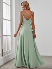 Enchanting V-Neck A-Line High Slit Bridesmaid Dress with Spaghetti Straps