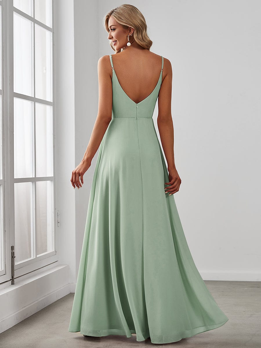 Enchanting V-Neck A-Line High Slit Bridesmaid Dress with Spaghetti Straps