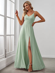 Enchanting V-Neck A-Line High Slit Bridesmaid Dress with Spaghetti Straps