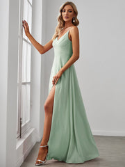 Enchanting V-Neck A-Line High Slit Bridesmaid Dress with Spaghetti Straps
