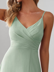 Enchanting V-Neck A-Line High Slit Bridesmaid Dress with Spaghetti Straps
