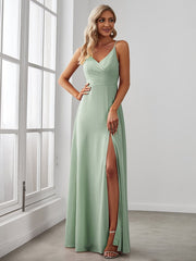 Enchanting V-Neck A-Line High Slit Bridesmaid Dress with Spaghetti Straps
