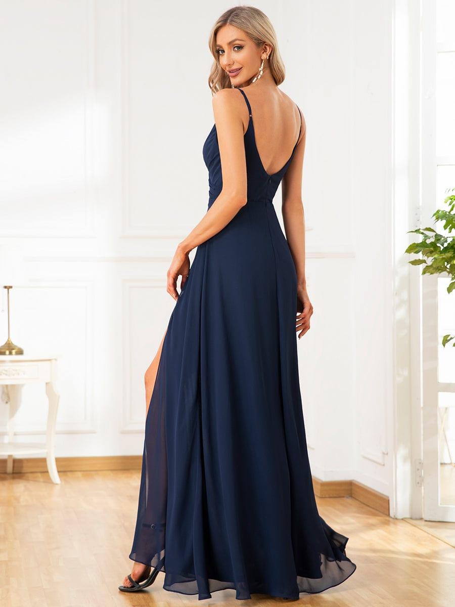 Enchanting V-Neck A-Line High Slit Bridesmaid Dress with Spaghetti Straps