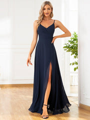 Enchanting V-Neck A-Line High Slit Bridesmaid Dress with Spaghetti Straps