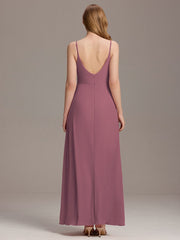 Enchanting V-Neck A-Line High Slit Bridesmaid Dress with Spaghetti Straps